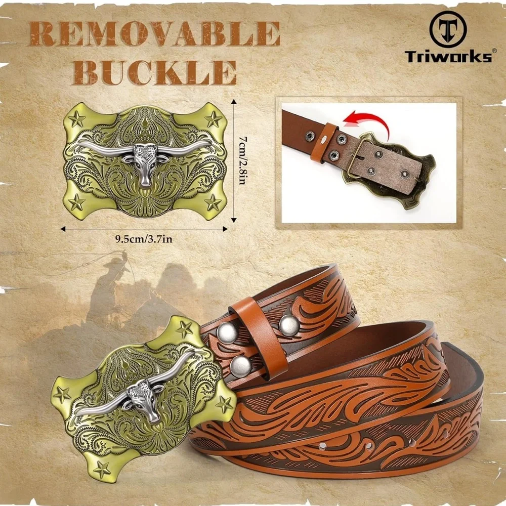 Western Tooled Leather Belt with Longhorn Buckle - Tan & Brass